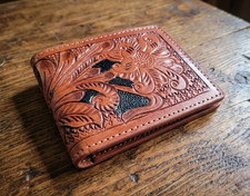 Hand Tooled Genuine Leather Bifold Wallet - Leather RFID Men Tan Wallet Flower
