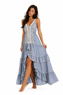 Elegantes langes Kleid Damen hellblau bestickt 100% Baumwolle Maxikleid Gr. U Indien