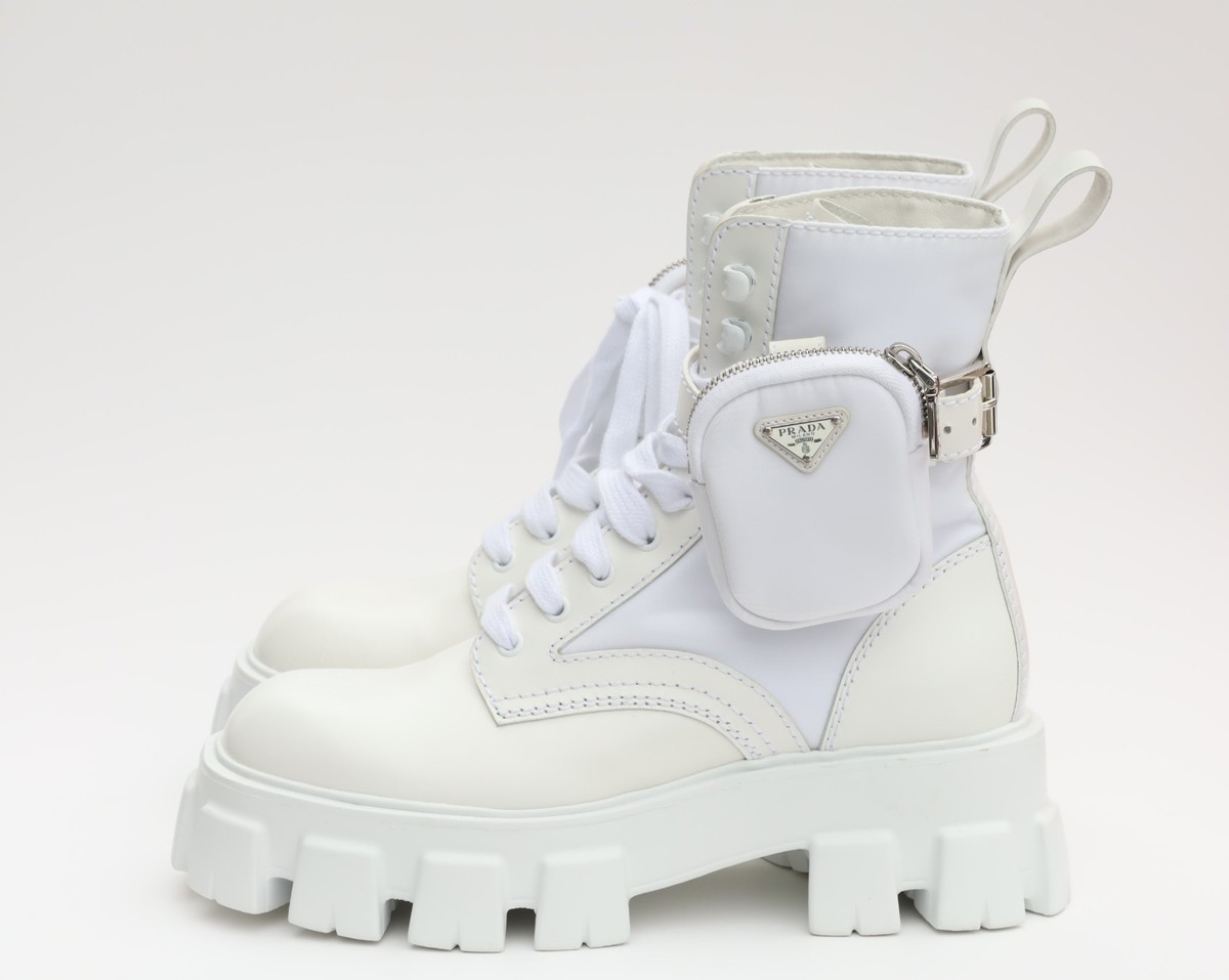 PRADA プラダ　モノリス　ホワイトブーツ サイドポケット付き36 Prada Monolith Pouch Combat Boots Size UK 6/US 7 White Leather