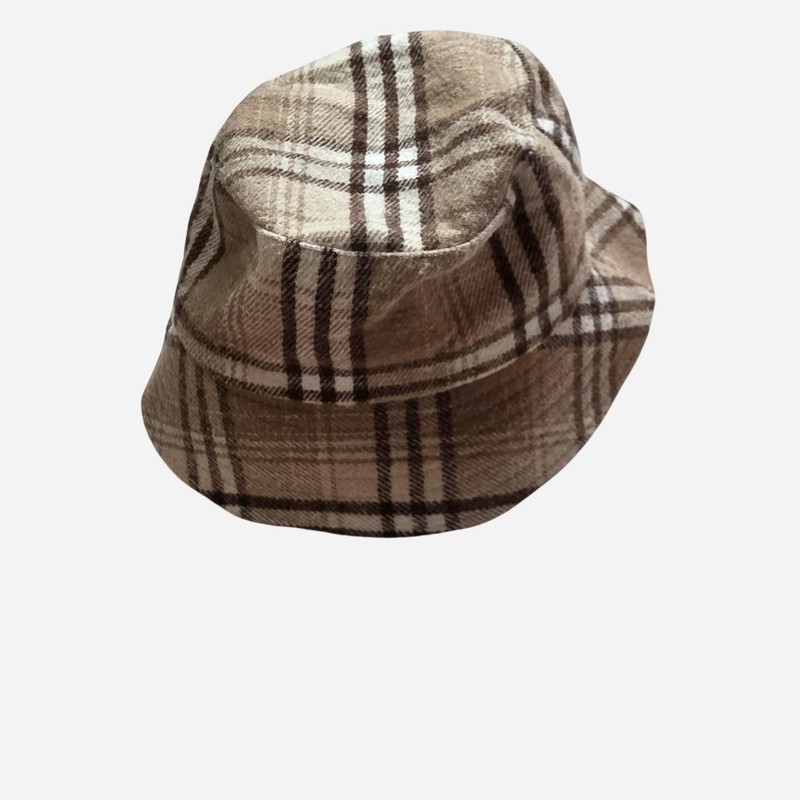 Vintage Brown Plaid Lined Bucket Hat, Size S Teens - Beige White Black
