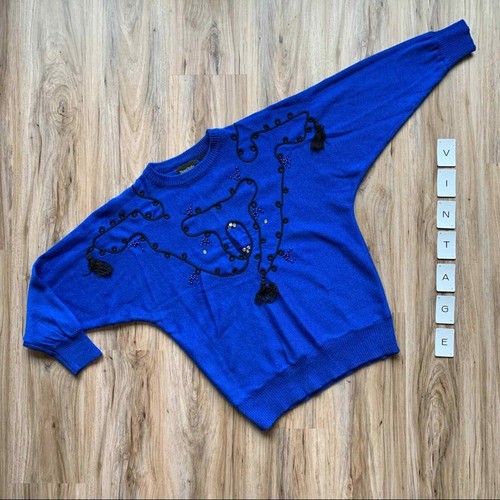 VINTAGE Camp 1980s Embellished Tassel Sweater Medium/Large Cobalt Blue - Picture 8 of 8