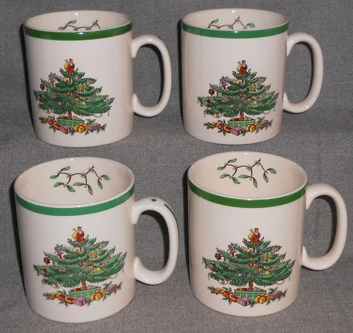 Set (4) Spode CHRISTMAS TREE PATTERN Green Trim TOM & JERRY MUGS w/Box