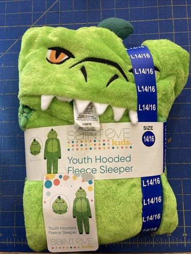 Saint Eve L 14/16 Youth Hooded Fleece Sleeper 1-Piece Pajamas Green Dinosaur B25 - Picture 1 of 5