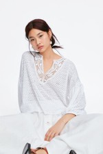 Zara Häkel Pullover Bluse mit Spitze Crochet Top Lace Sweater Balloon Sleeves M
