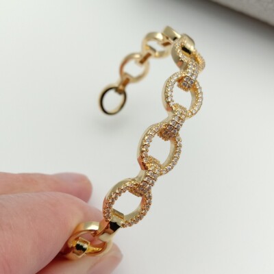 Oval Loop cubic zirconia micro pave open Cuff Bangle bracelet Gold plated