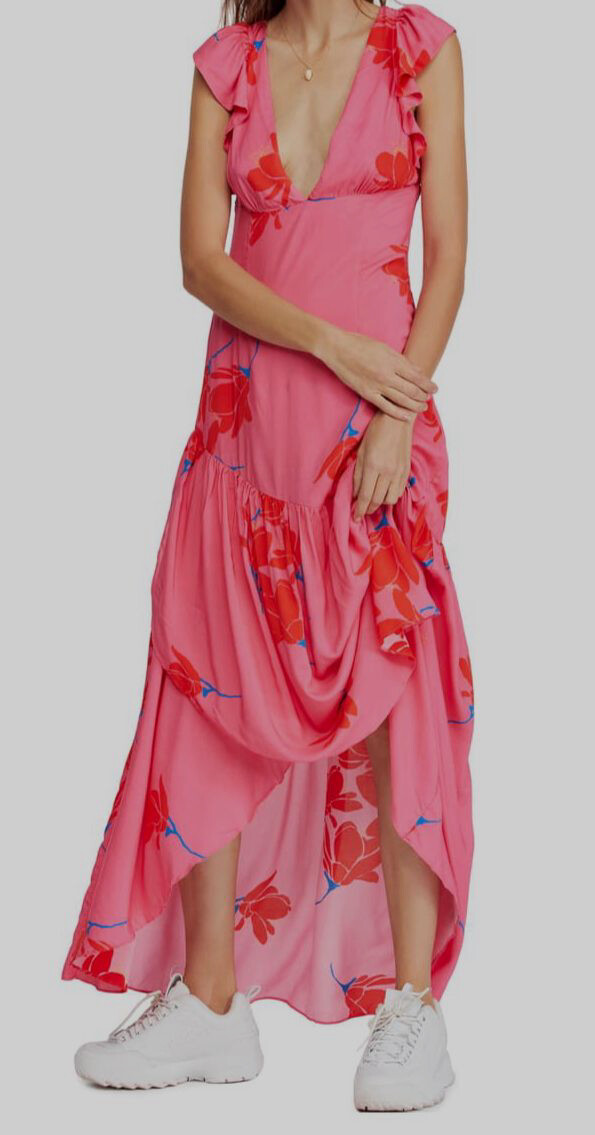 she's a waterfall hot pink floral print ruffled maxi dress