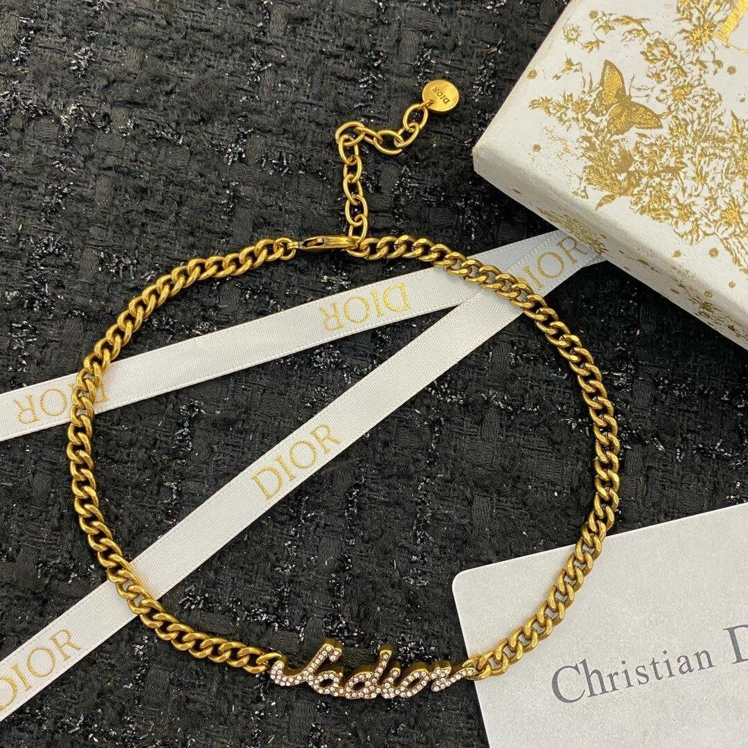 Collana Christian Dior Choker Jadior Logotipo Catena Placcata Oro Accessorio Donna
