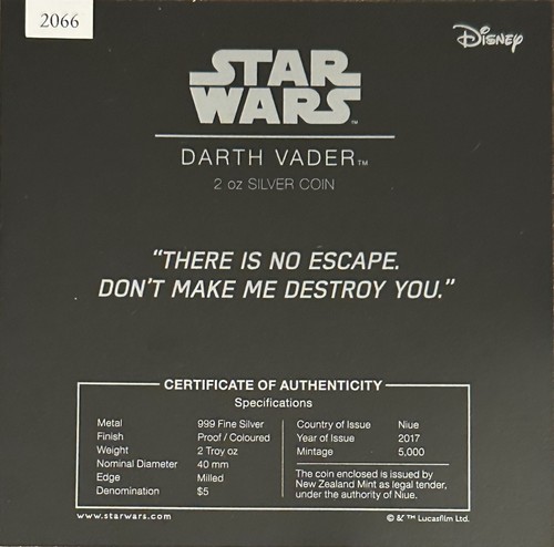 2017 Niue $5 2oz Fine Silver coin Star Wars DARTH VADER UHR NGC PF70 FR UC - Picture 4 of 4