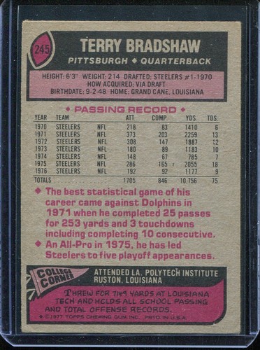 1977 Topps Football # 245 Terry Bradshaw (VG-EX) Very Good to Excellent - Picture 2 of 2