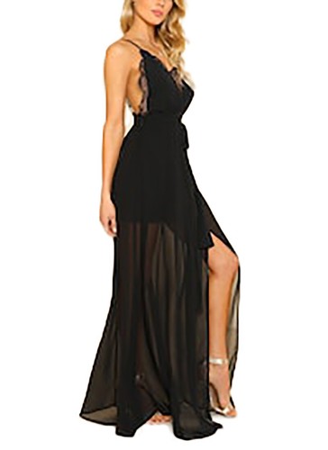 Abito lungo elegante con spacco e schiena scoperta, cinta in vita | eBay