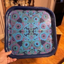 Vintage Square Metal Ian Logan Salome Blue / Turquoise Patterned Serving Tray