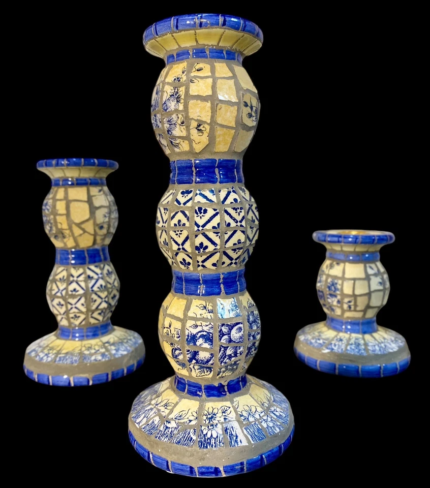 Set of 3 Mosaic Tile Candle Holders Mexican Folk Art Blue Boho Vintage Decor - Image 4 of 4