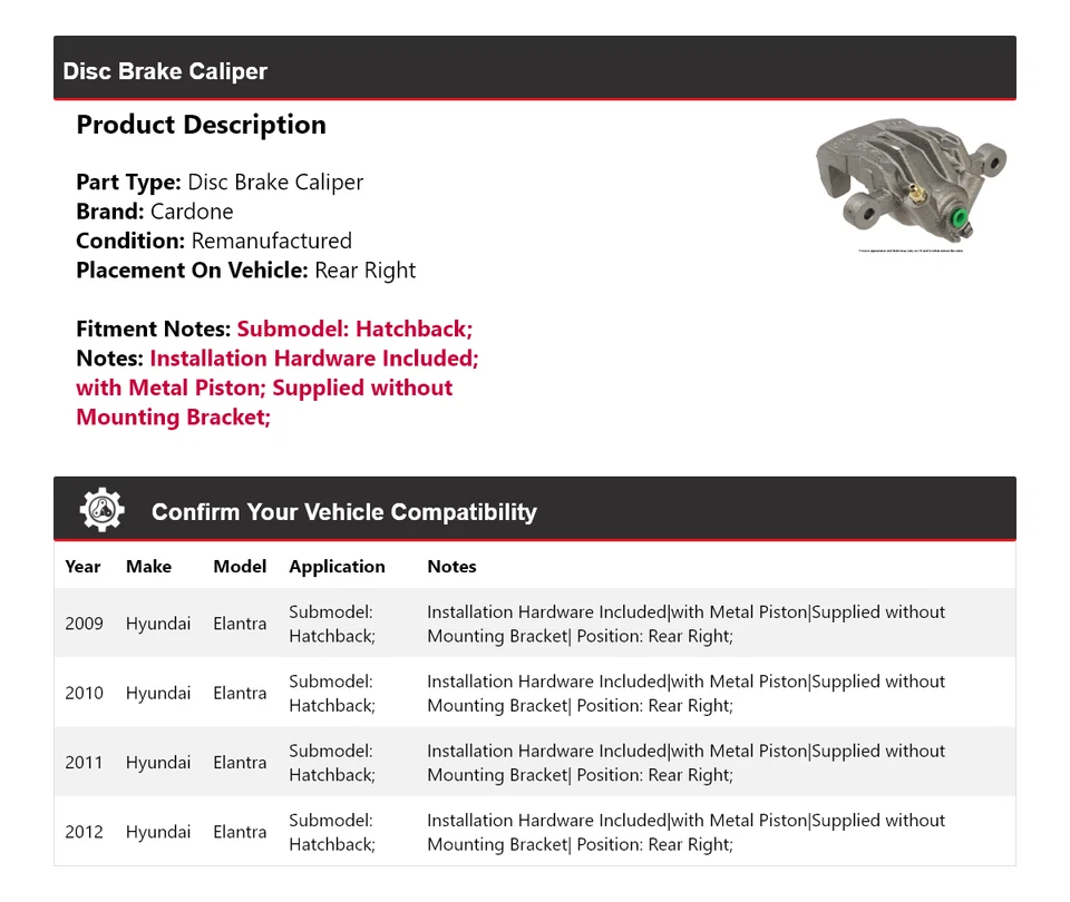Pinça de freio a disco traseira direita Cardone Hyundai Elantra Hatchback 2009-2012 - Imagem 2 de 4