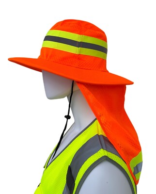 Hi Vis Reflective Work Safety Neck Flap Boonie Hat Orange  Bucket Cap