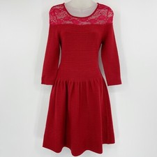Jessica Simpson  Opera Ribbed Sweater Dress Fit & Flare Lace Yoke Red Holiday S