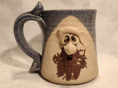 Vintage Ugly Funny Face Mug Stoneware Pottery 1970's Folk Art Blue Marked GP