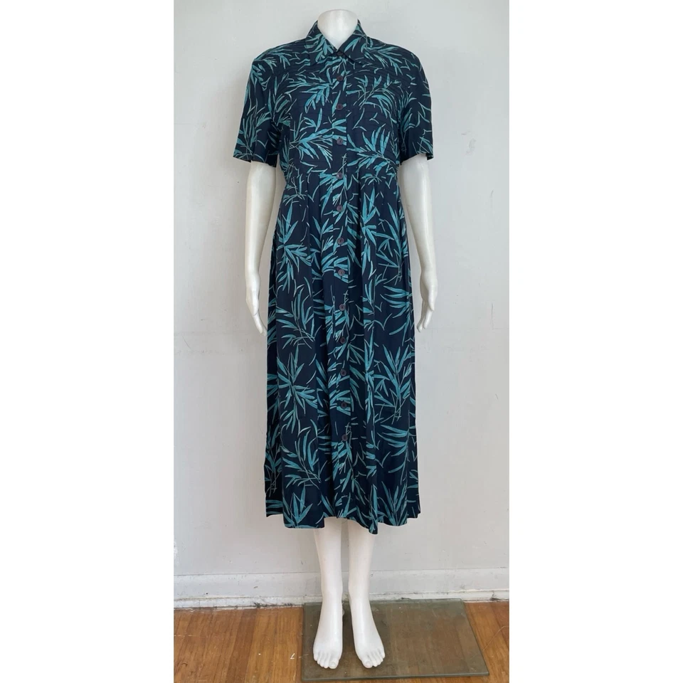Vestido camisero midi vintage hoja de palma talla grande años 80 azul floral rayón Foto 4 de 4