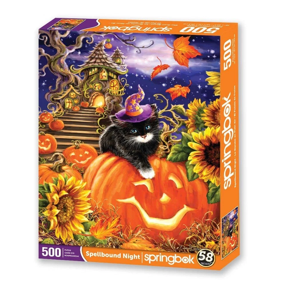 500 Piece Halloween Puzzle Black Kitten Jack O Lantern Sunflower Field - Изображение 2 из 4