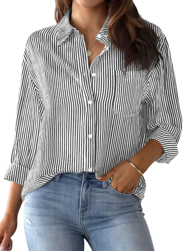 Womens Button down Shirts Striped Classic Long Sleeve Collared Office Work Blous
