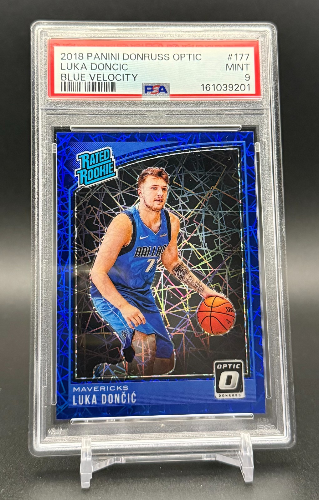 LUKA DONCIC 2018-19 Donruss Optic RATED ROOKIE BLUE VELOCITY PRIZM #177 - PSA 9 view 1