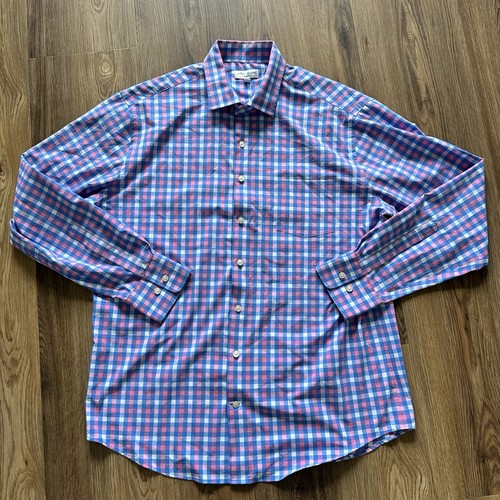 Peter Millar Summer Comfort Mens Button Long Sleeve Shirt Large Pink Blue Check - Picture 2 of 10