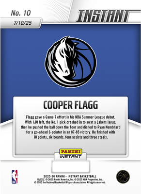 Cooper Flagg Panini Instant NBA #10 Summer League Debut Mavericks