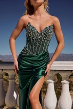 STRAPLESS BEADED BODICE & SATIN SKIRT FITTED DRESS CDCDS538