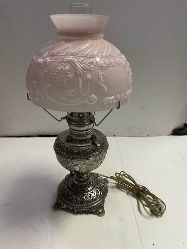 ANTIQUE NICKEL PLATED ORNATE E. MILLER NON-EXPLOSIVE OIL LAMP/SHADE ELECTRIFIED - Picture 2 of 10