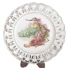 RARE-MARKED BAVARIA 7.5" PIERCED PORCELAIN PLATE-PEARS,GRAPES w GOLD TRIM HEARTS