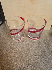 Pier 1 Red Swirl  Double Old Fashion  Set Of  2 Glasses 4-!/4" Nwot Swirline