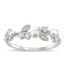 White CZ Freshwater Pearl Vine Ring New 925 Sterling Silver Leaf Band Sizes 5-10