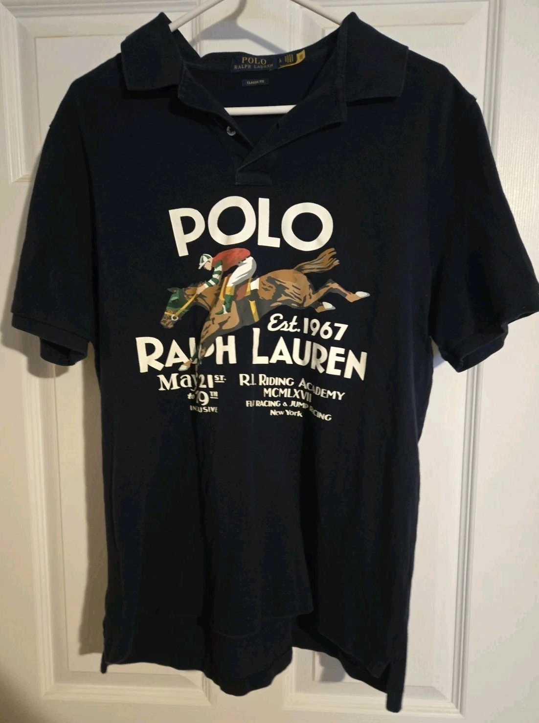 Polo Ralph Lauren Shirt Mens Sz. L Classic Fit Mesh Horse Riding Graphic Navy