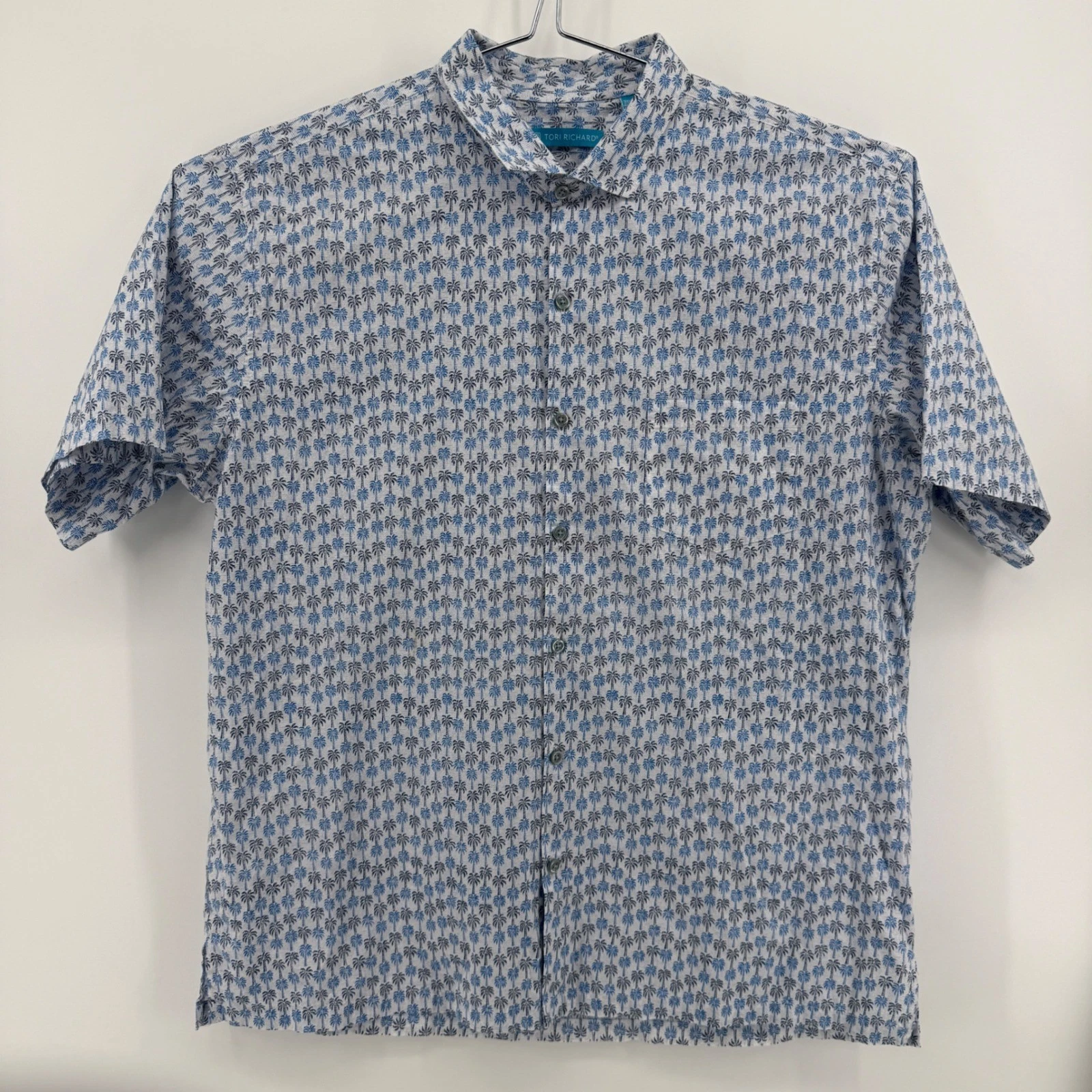 Tori Richard Button Up Mens XL Blue White Palm Tree Cotton Lawn Made In Hawaii