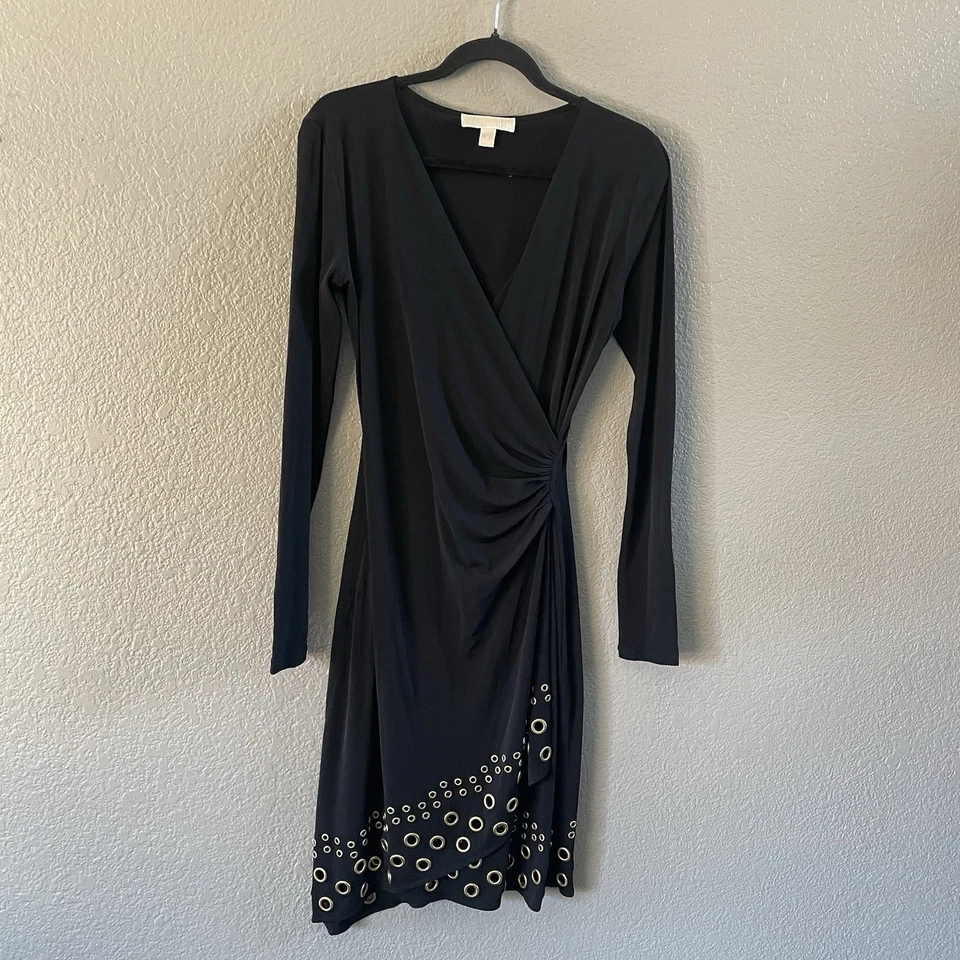 Vestido Michael Kors Imitación Envolvente Mujer Pequeño Negro Dorado Ojal Dobladillo Jersey Tejido Foto 2 de 4