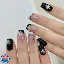 Christmas Press on Nails Short Square SWEKKE French Tip Fake Nail