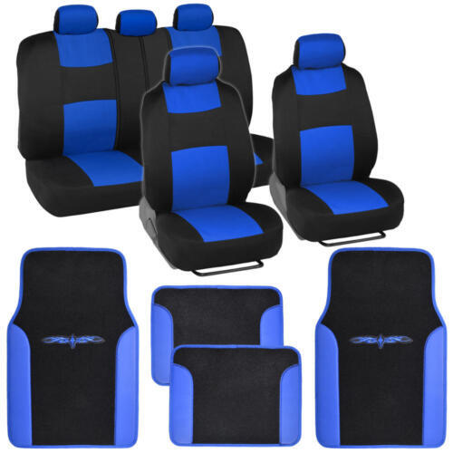 Car Seat Covers Set Black and Blue w/ PU Leather Trim Carpet Floor Mats Pads - Picture 1 of 10