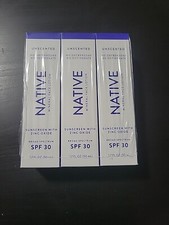 Lot Of 3 NATIVE Unscented Mineral Face Lotion Sunscreen Zinc Oxide SPF 30 1.7oz