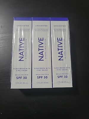 Lot Of 3 NATIVE Unscented Mineral Face Lotion Sunscreen Zinc Oxide SPF 30 1.7oz