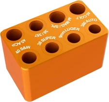 🔹Ammo Checker Gauge Block Reloading Tool – Multi-Caliber Aluminum Orange