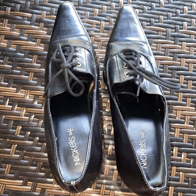 Nickels Soft  Women's Black Faux  Leather Heeled Lace Up Oxford Shoes Pointy 10