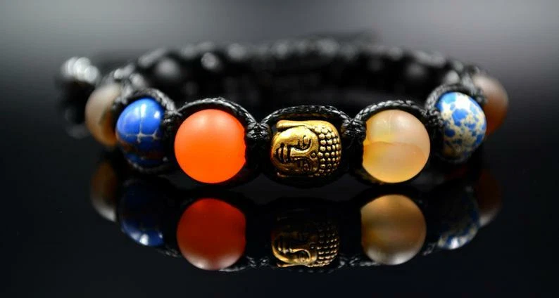 Pulsera de cuentas de piedras preciosas Buda para hombre ágata ónix hematita macramé regalo para hombre Foto 4 de 4