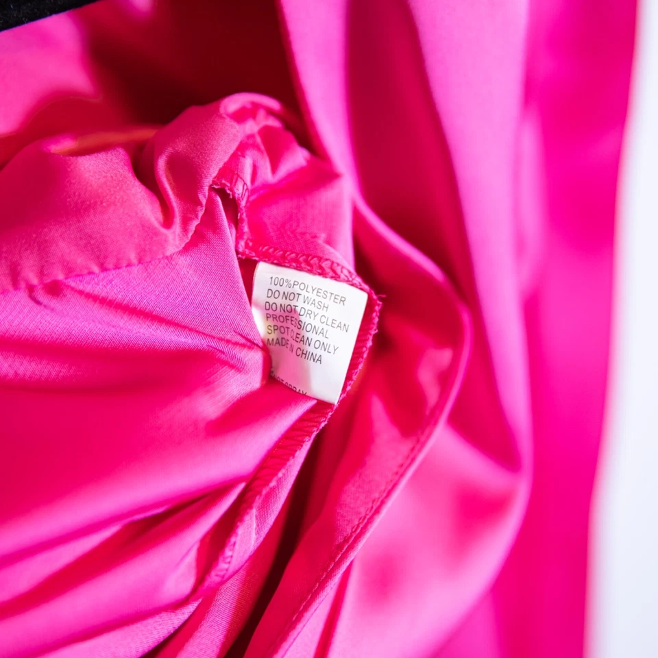 Mono Ieena Mac Duggal Cuello Profundo Hombro Abullonado Manga Larga Satén Fucsia 14 Foto 3 de 4