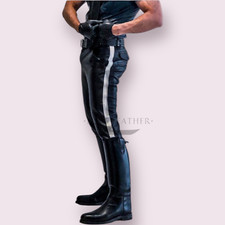 Mens Gay Leather Pant Genuine Lambskin Leather White Line Pants Black Pant LGBT