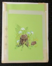 EASTER Bunny Rabbits on Tree Stump w/ Flowers 8x11" Greeting Card Art #2488