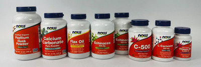 NOW Foods Supplements Bundle L-Carnosine, Echinacea, Vitamin D3, C-500, Flax Oil