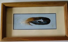 Vintage Hand Painted Feather With Dolphin, Costa Rica Signed By Artist
