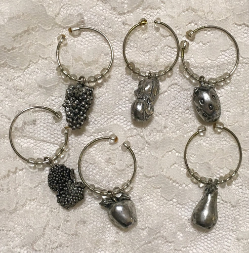 Vintage Wine Glass Charms Set of 6 Fruit Silver Tone Metal Plastic Beaded