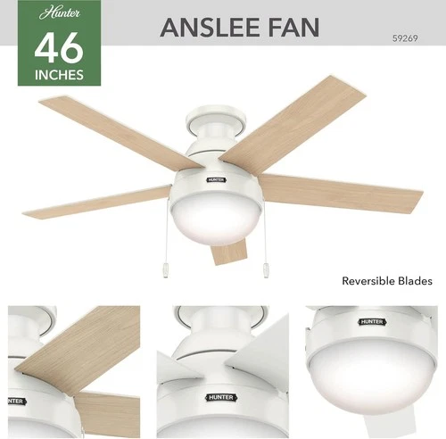 46 Inch Indoor Ceiling Fan with LED Light, Anslee 59269, White, Pull Chain - Picture 3 of 12