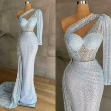 Vintage Blue Sequins Prom Dresses Long Sleeve One Shoulder Evening Gowns Mermaid