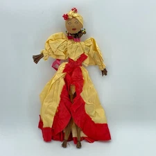 VINTAGE HANDMADE Straw Doll 18in Yellow Red Dress Folk Art Southern Style LA